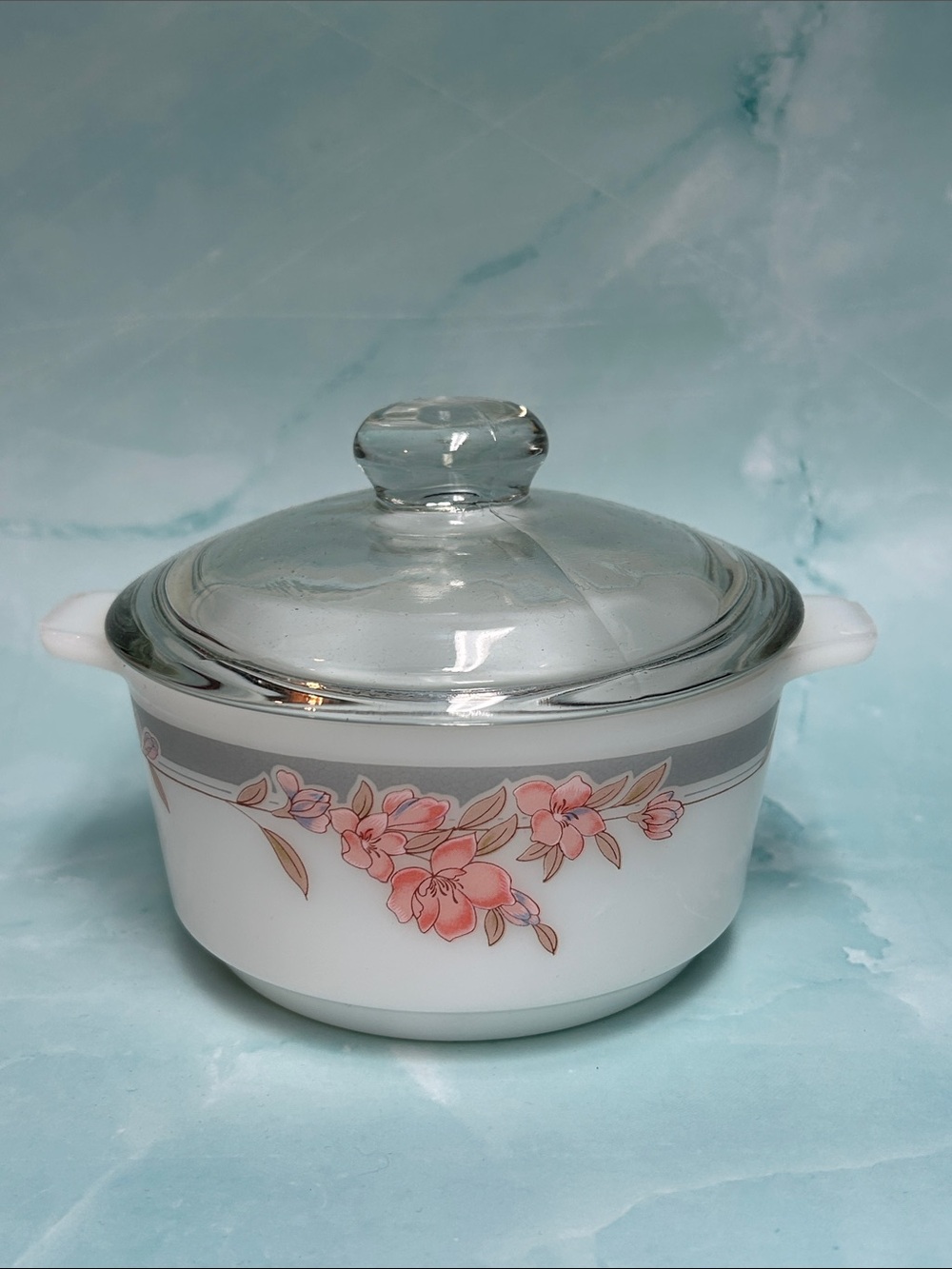 Vintage Milk Glass Indopal Pink Cherry Blossom Floral Double Handled Bowl w/ lid